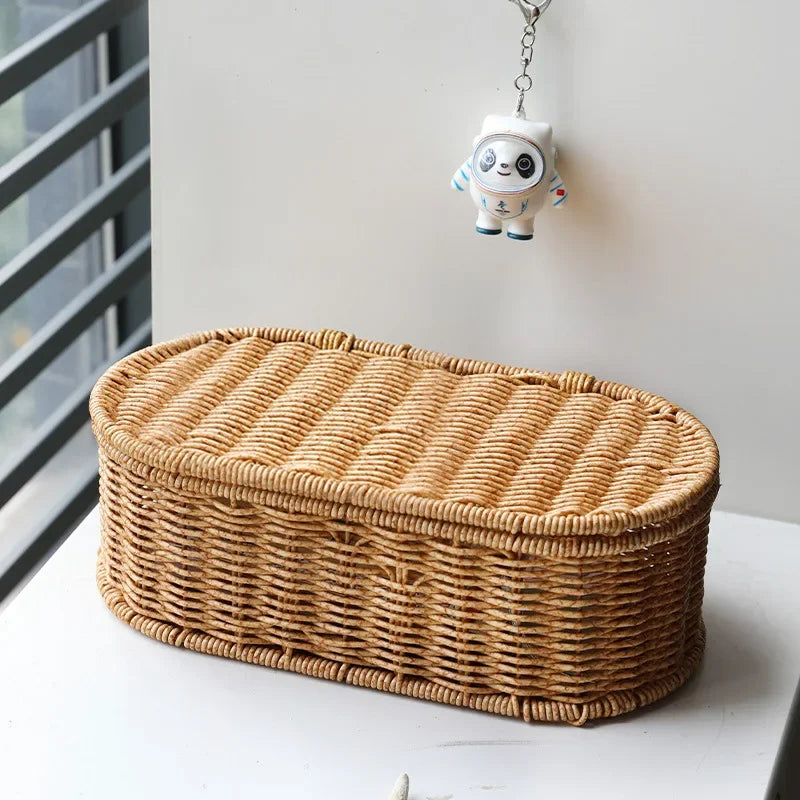 Cesta de armazenamento de imitação de rattan boêmio-caixa de armazenamento tecida, estrutura de talheres à prova de poeira, cesta de decoração para casa organizador de cozinha