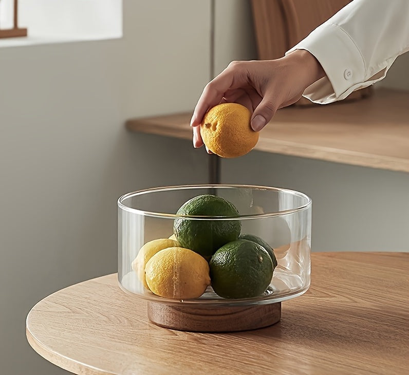 Nordic Glass Fruit & Salad Bowl with Wooden Base