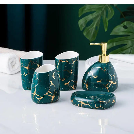 Conjunto de acessórios para banheiro, mármore, padrão dourado, cerâmica, dispensador de pasta de dente, sabonete, suporte de escova de dentes, copo, garrafa de loção