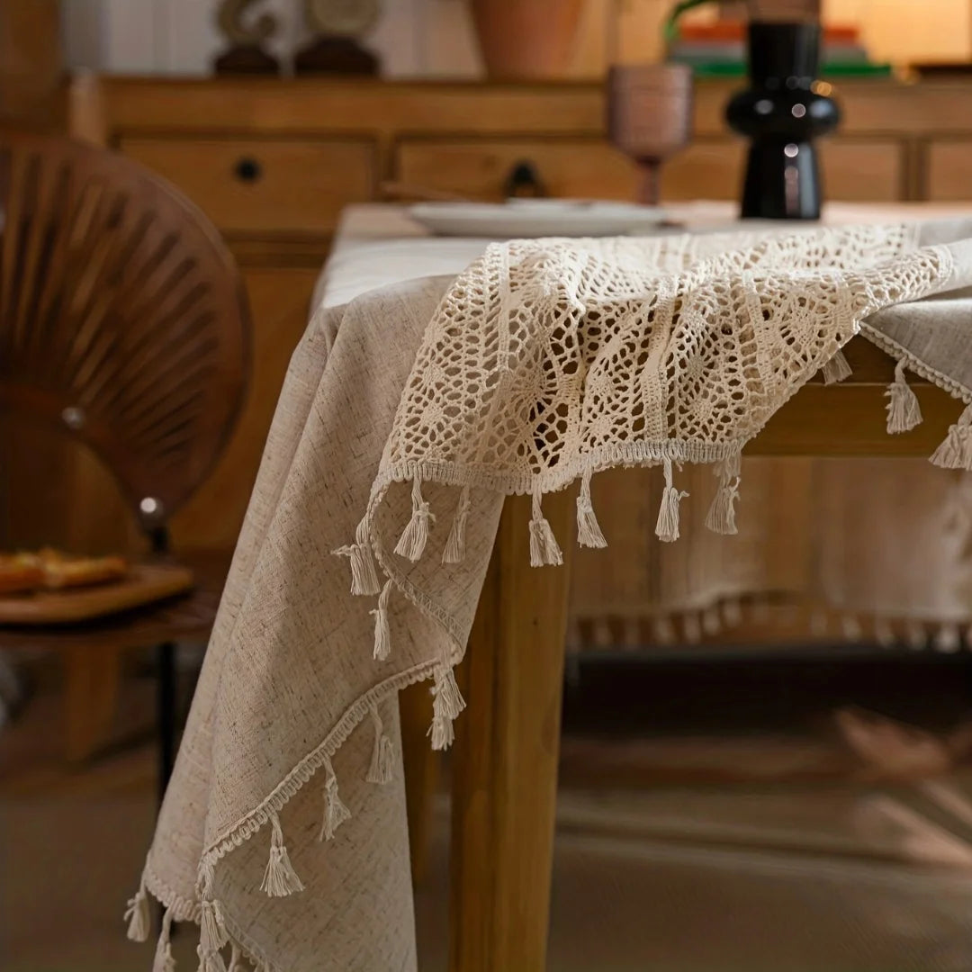 Toalha de mesa boêmia artesanal de crochê poliéster linho patchwork retrô oco bege borla