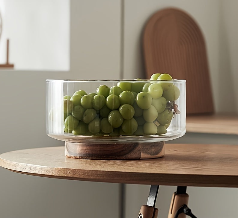 Nordic Glass Fruit & Salad Bowl with Wooden Base
