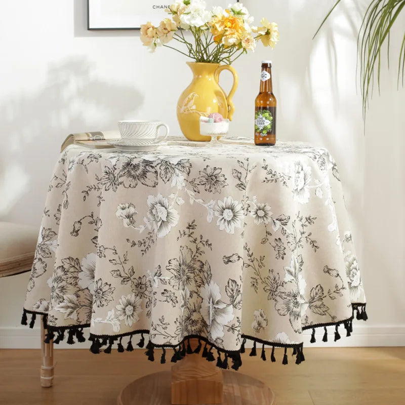 Peony Floral Round Tablecloth with Tassels