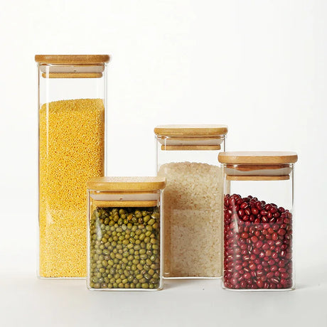 Recipiente de armazenamento de vidro quadrado, jarra transparente hermética com tampa para cozinha, despensa, armazenamento de alimentos secos, açúcar, café, chá, lanches