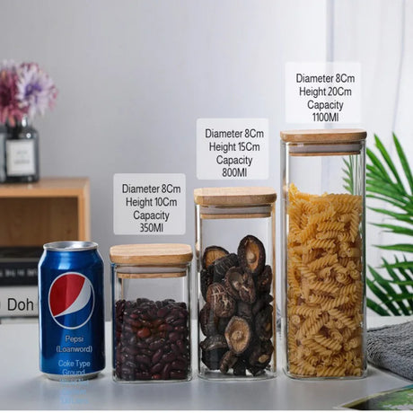 Recipiente de armazenamento de vidro quadrado, jarra transparente hermética com tampa para cozinha, despensa, armazenamento de alimentos secos, açúcar, café, chá, lanches