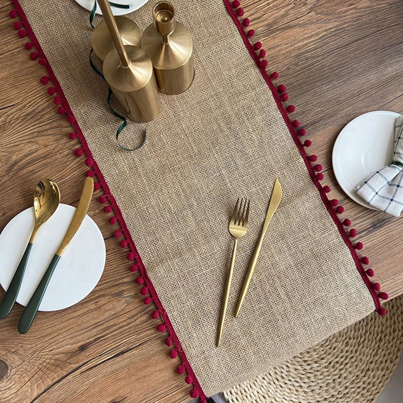 Corredor de mesa de juta para festival de casamento, bolas coloridas, borla, festa de natal, capa de mesa, jantar vintage, decoração de linho