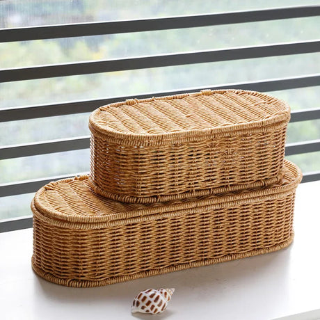 Cesta de armazenamento de imitação de rattan boêmio-caixa de armazenamento tecida, estrutura de talheres à prova de poeira, cesta de decoração para casa organizador de cozinha