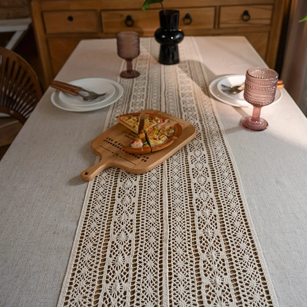 Toalha de mesa boêmia artesanal de crochê poliéster linho patchwork retrô oco bege borla