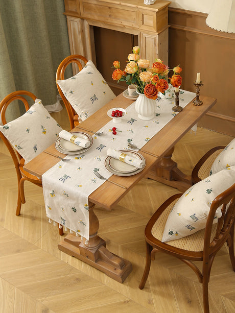 Toalha de mesa bordada com franjas de trigo, estilo rústico, mesa de jantar, cozinha, sala de estar, decoração de mesa de café