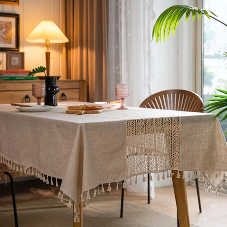 Toalha de mesa boêmia artesanal de crochê poliéster linho patchwork retrô oco bege borla