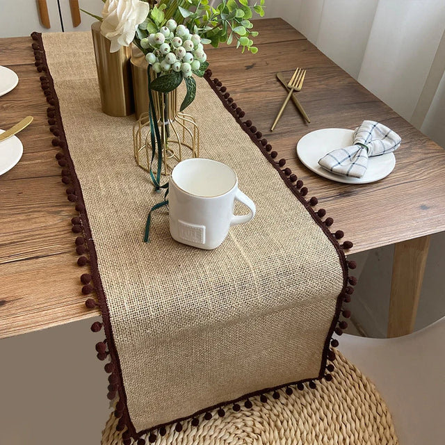 Corredor de mesa de juta para festival de casamento, bolas coloridas, borla, festa de natal, capa de mesa, jantar vintage, decoração de linho
