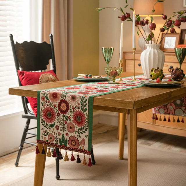 Corredor de mesa vintage estilo americano com tecido jacquard floral e borla para mesa de centro, sala de estar, decoração de casa, cauda de cama