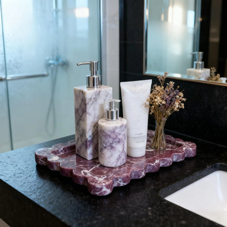 Bandeja de mármore roxo com borda recortada, prato organizador de joias de pedra natural, armazenamento de vaidade e bandeja de berloques de bancada de banheiro