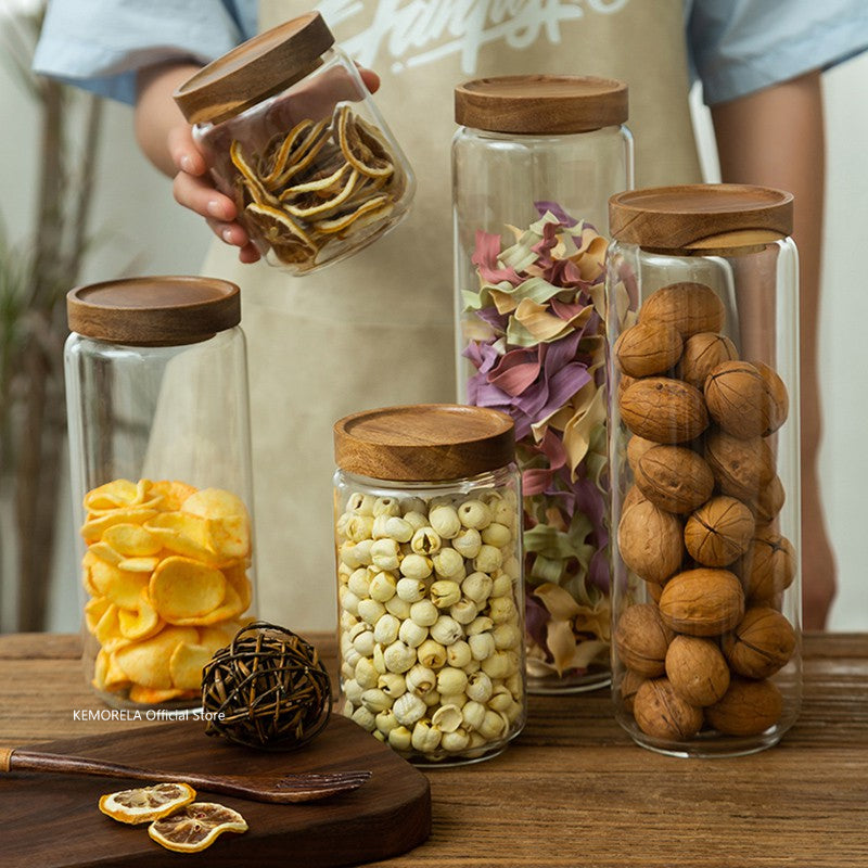 Borosilicate Glass Storage Jars with Wooden Lids