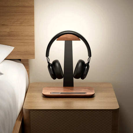 Suporte universal de madeira para fone de ouvido, liga de alumínio, display de fone de ouvido com slot para caneta