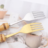 Aço inoxidável Gold Dinner Forks, Sobremesa Talheres Set, Imitação de bambu Handle, Louça, Louça de cozinha, talheres, 6pcs