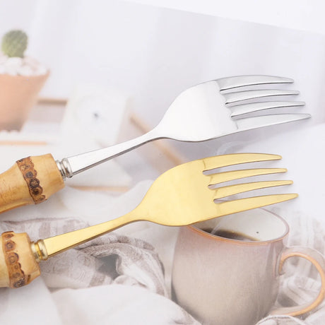 Aço inoxidável Gold Dinner Forks, Sobremesa Talheres Set, Imitação de bambu Handle, Louça, Louça de cozinha, talheres, 6pcs