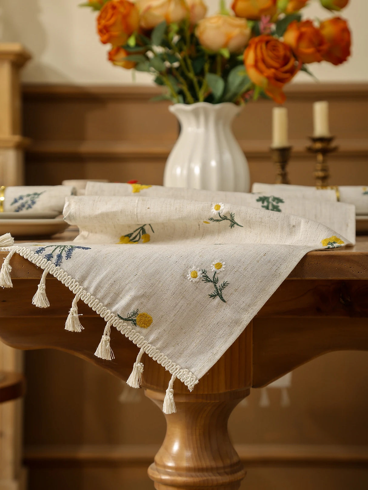 Toalha de mesa bordada com franjas de trigo, estilo rústico, mesa de jantar, cozinha, sala de estar, decoração de mesa de café