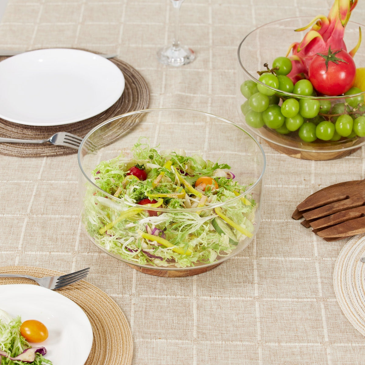 Nordic Glass Fruit & Salad Bowl with Wooden Base