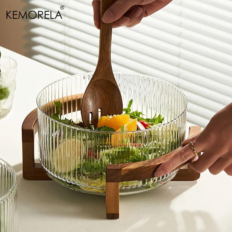 KEMORELA Tigela de vidro listrada com suporte de madeira resistente a arranhões redonda salada frutas sobremesa exibição para sala de estar