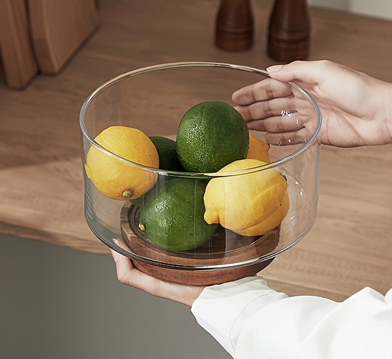 Nordic Glass Fruit & Salad Bowl with Wooden Base