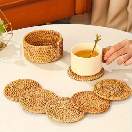 Rattan Weave Drink Coasters, armazenamento Caddy - Protective, Space-Saving, Tapete decorativo para sala de estar, K, 6pcs