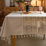 Toalha de mesa boêmia artesanal de crochê poliéster linho patchwork retrô oco bege borla