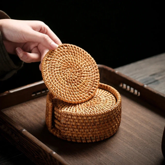 Rattan Weave Drink Coasters, armazenamento Caddy - Protective, Space-Saving, Tapete decorativo para sala de estar, K, 6pcs