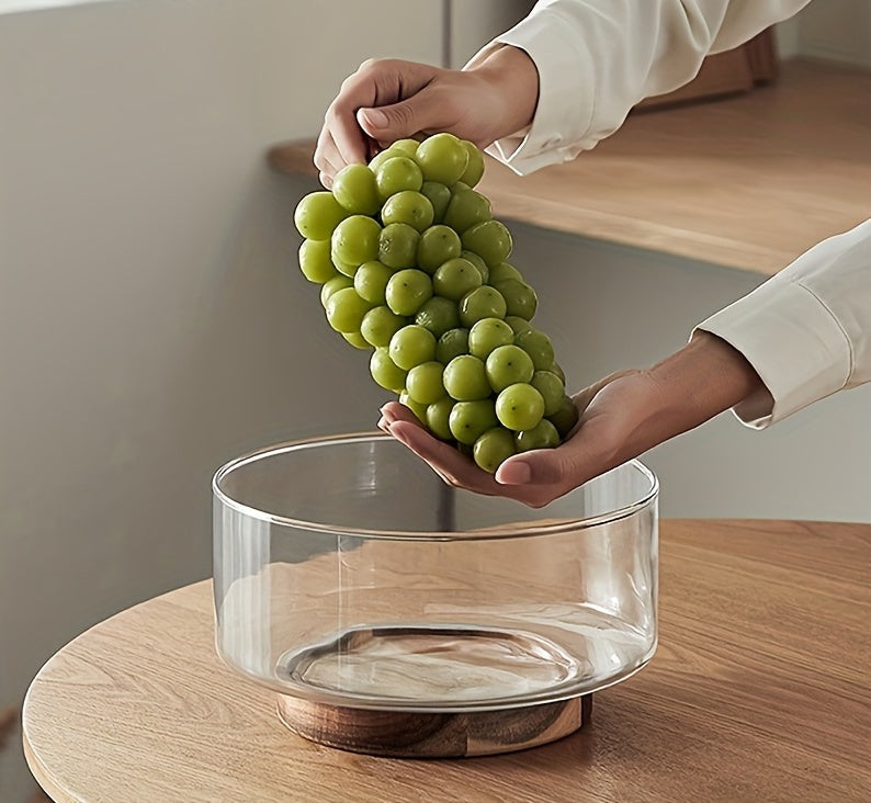 Nordic Glass Fruit & Salad Bowl with Wooden Base