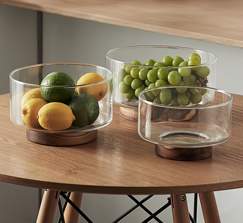 Nordic Glass Fruit & Salad Bowl with Wooden Base