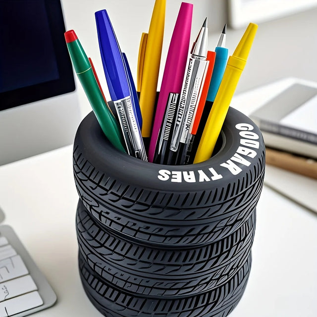 1 pçs divertido suporte de caneta em forma de pneu-organizador de mesa de pvc, ideal para material escolar e de escritório, acabamento pintado, material de escritório