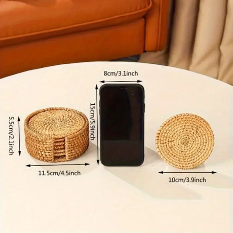 Rattan Weave Drink Coasters, armazenamento Caddy - Protective, Space-Saving, Tapete decorativo para sala de estar, K, 6pcs