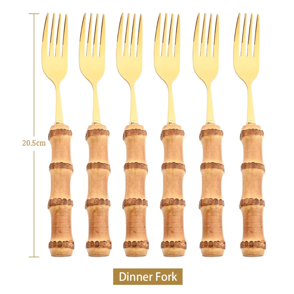Aço inoxidável Gold Dinner Forks, Sobremesa Talheres Set, Imitação de bambu Handle, Louça, Louça de cozinha, talheres, 6pcs