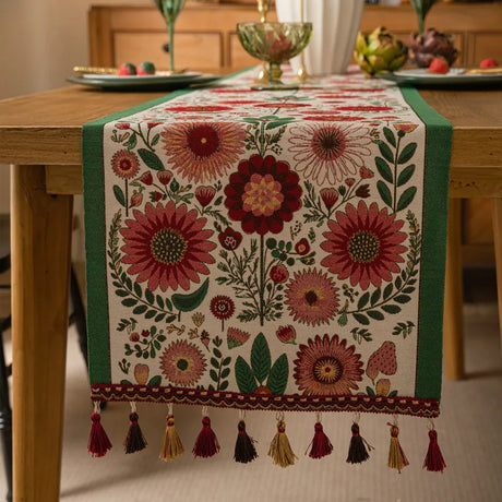 Corredor de mesa vintage estilo americano com tecido jacquard floral e borla para mesa de centro, sala de estar, decoração de casa, cauda de cama