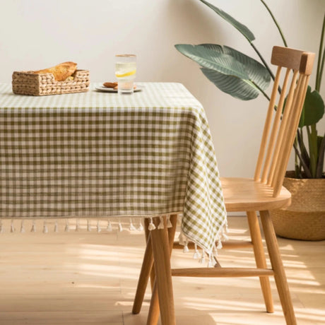 Toalha de mesa retangular estilo country com padrão de verificação pequena verde menta e borla bege, capa de mesa decorativa festiva