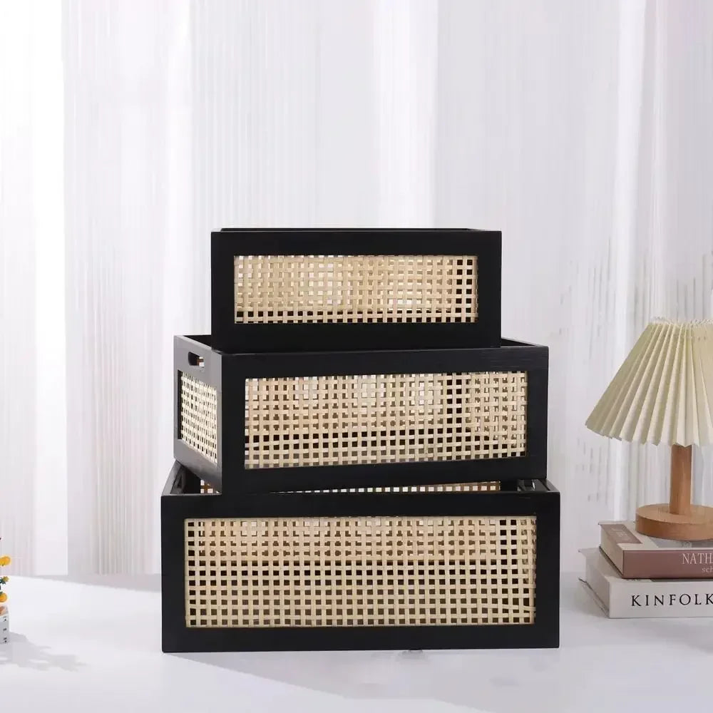 Caixa de armazenamento retrô durável, cesta de armazenamento de madeira sólida de rattan, organizador multifuncional, caixas domésticas