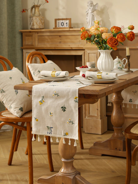 Toalha de mesa bordada com franjas de trigo, estilo rústico, mesa de jantar, cozinha, sala de estar, decoração de mesa de café