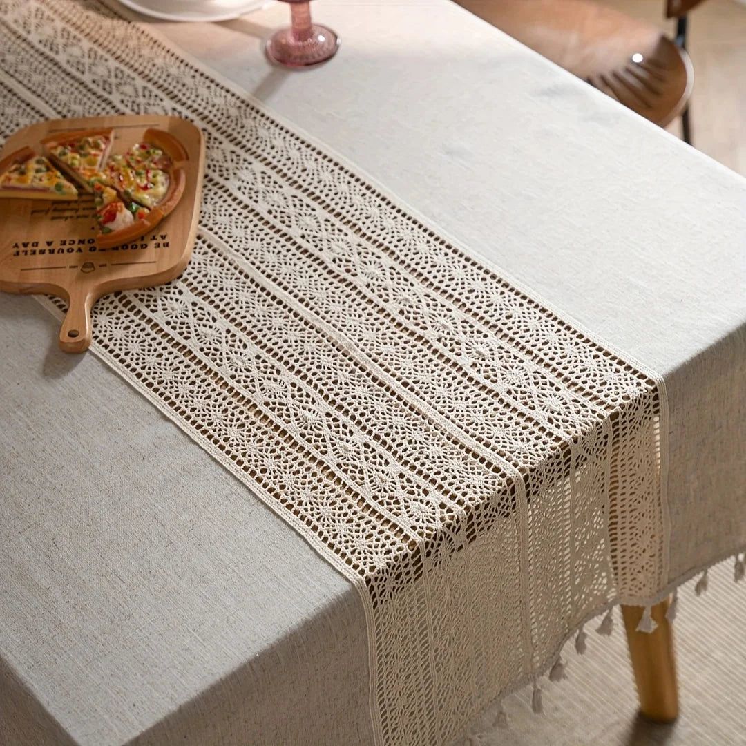 Toalha de mesa boêmia artesanal de crochê poliéster linho patchwork retrô oco bege borla