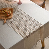 Toalha de mesa boêmia artesanal de crochê poliéster linho patchwork retrô oco bege borla