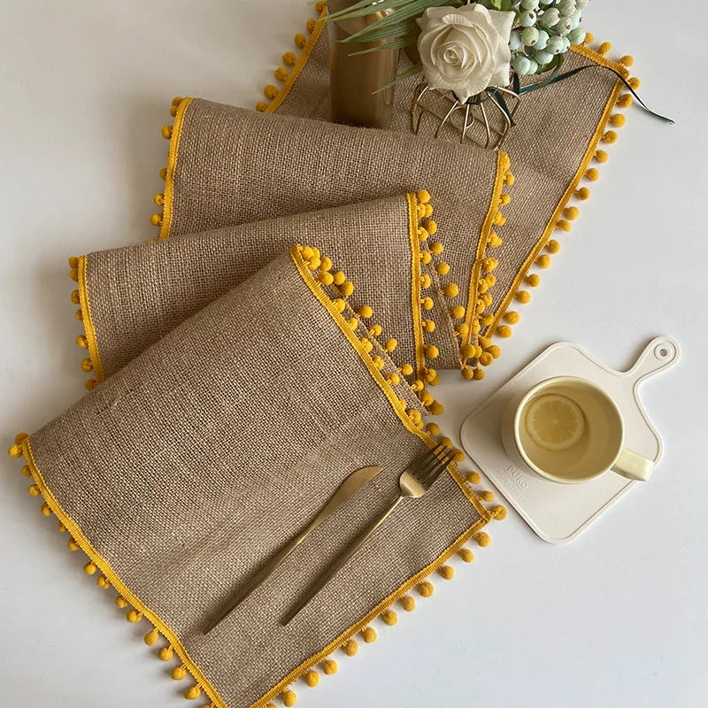 Corredor de mesa de juta para festival de casamento, bolas coloridas, borla, festa de natal, capa de mesa, jantar vintage, decoração de linho