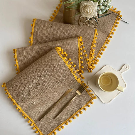 Corredor de mesa de juta para festival de casamento, bolas coloridas, borla, festa de natal, capa de mesa, jantar vintage, decoração de linho