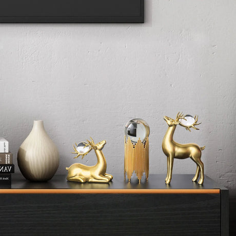 Modern Luxury Golden Metal & Clear Crystal Ball Home Decor - Deer Figurine & Multi-Stand Ornament for Living Room Tabletop
