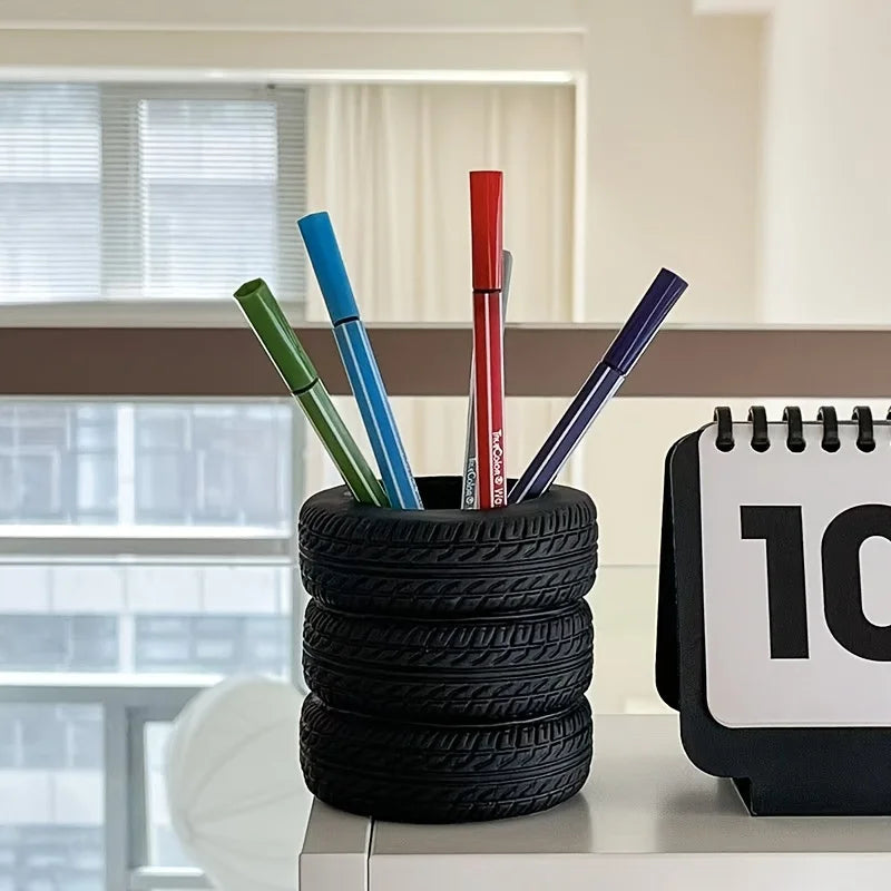 1 pçs divertido suporte de caneta em forma de pneu-organizador de mesa de pvc, ideal para material escolar e de escritório, acabamento pintado, material de escritório