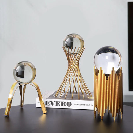 Modern Luxury Golden Metal & Clear Crystal Ball Home Decor - Deer Figurine & Multi-Stand Ornament for Living Room Tabletop