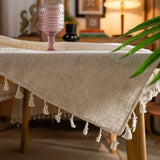 Toalha de mesa boêmia artesanal de crochê poliéster linho patchwork retrô oco bege borla