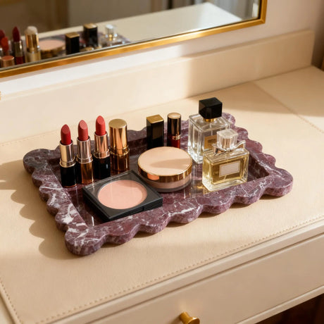 Bandeja de mármore roxo com borda recortada, prato organizador de joias de pedra natural, armazenamento de vaidade e bandeja de berloques de bancada de banheiro