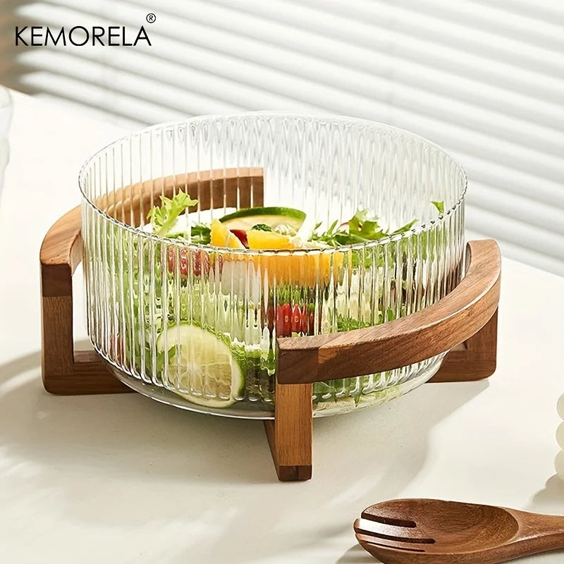 KEMORELA Tigela de vidro listrada com suporte de madeira resistente a arranhões redonda salada frutas sobremesa exibição para sala de estar