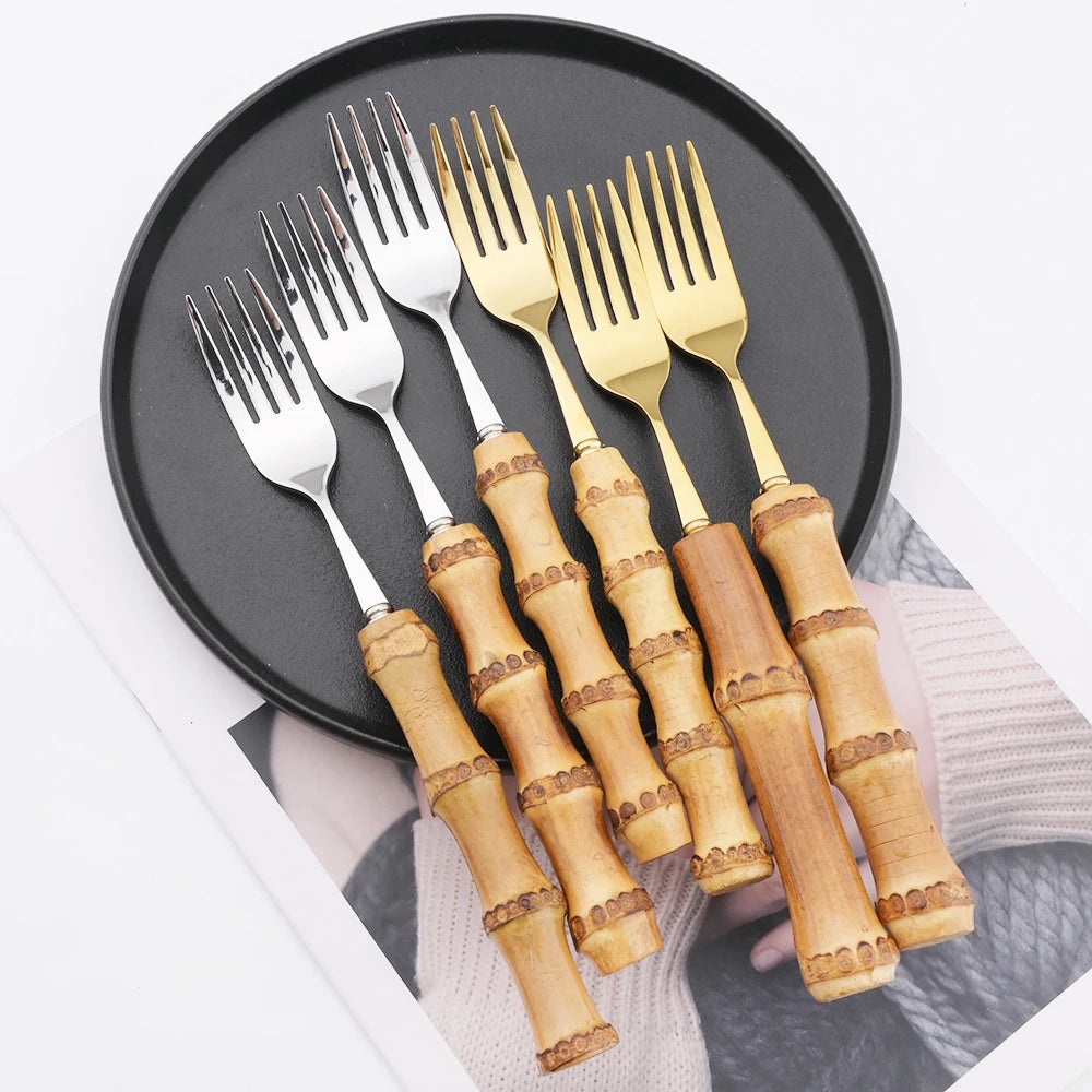Aço inoxidável Gold Dinner Forks, Sobremesa Talheres Set, Imitação de bambu Handle, Louça, Louça de cozinha, talheres, 6pcs
