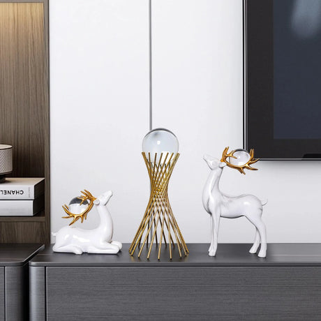 Modern Luxury Golden Metal & Clear Crystal Ball Home Decor - Deer Figurine & Multi-Stand Ornament for Living Room Tabletop