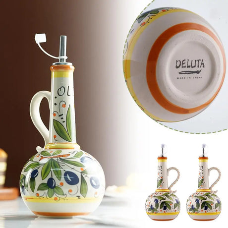 Garrafa de óleo de cerâmica pintada à mão, armazenamento de cozinha, dispensador de óleo de vinagre nórdico, utensílio de cozinha para uso doméstico, jarra de tempero de cozinha