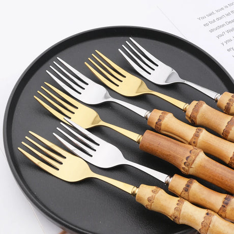 Aço inoxidável Gold Dinner Forks, Sobremesa Talheres Set, Imitação de bambu Handle, Louça, Louça de cozinha, talheres, 6pcs